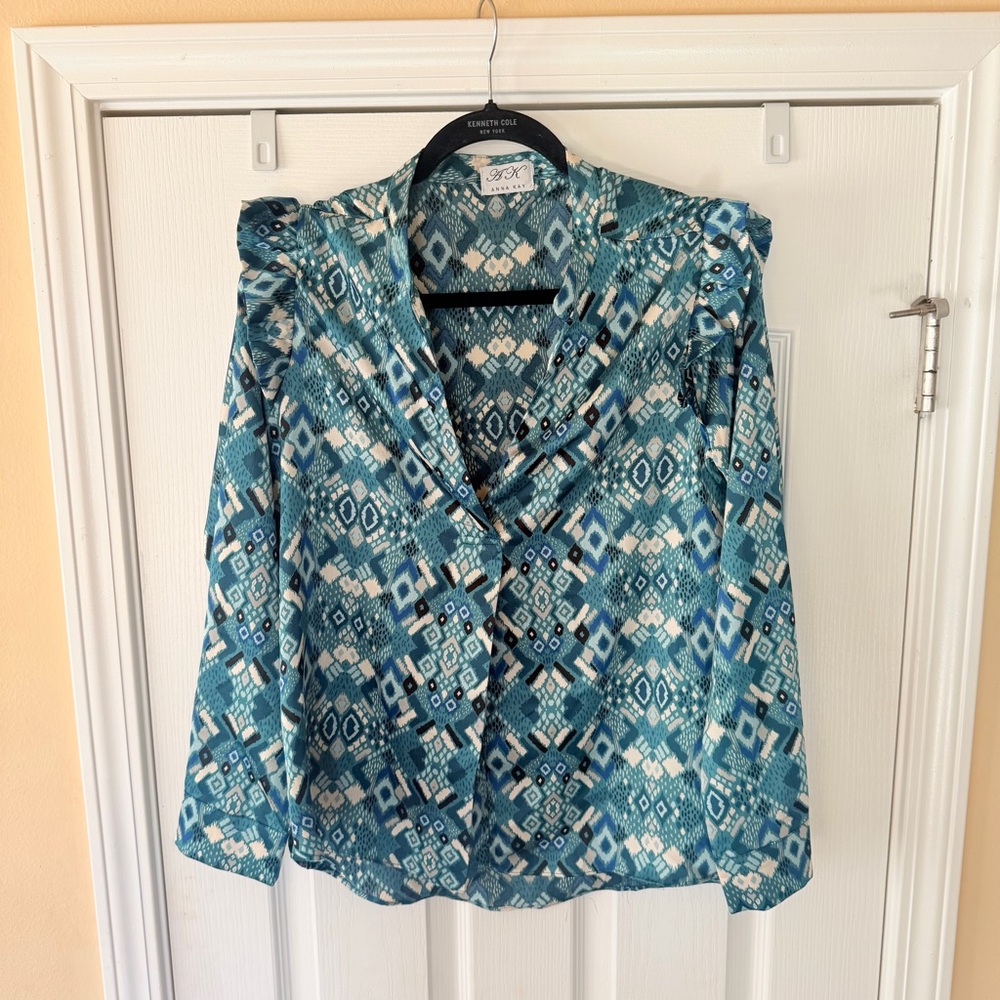 ANNA KAY Teal Geometric Print Blouse size Large